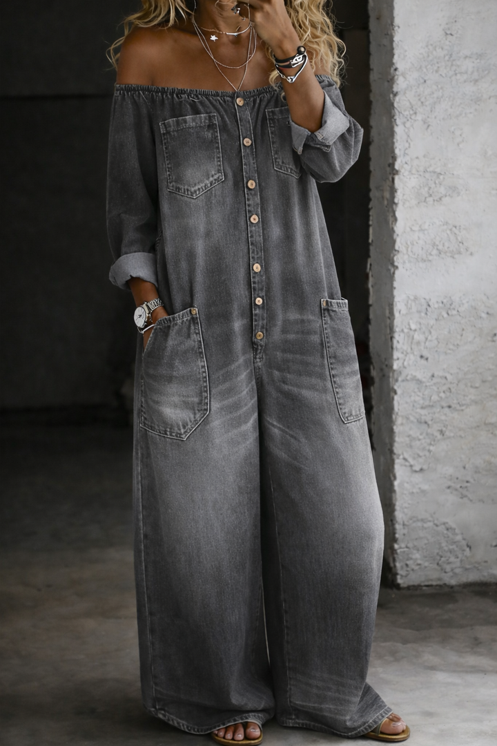 Elena™ | Denim-Jumpsuit mit schulterfreiem Schnitt