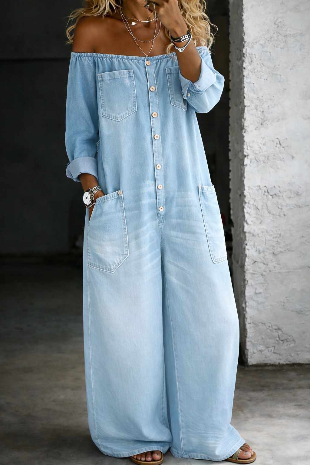 Elena™ | Denim-Jumpsuit mit schulterfreiem Schnitt