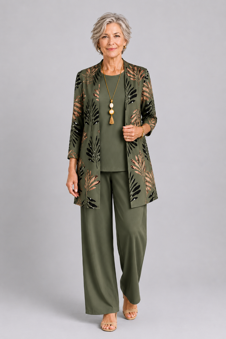 Dreiteiliges Kombi-Set mit langem Cardigan und bedruckten Hosen
