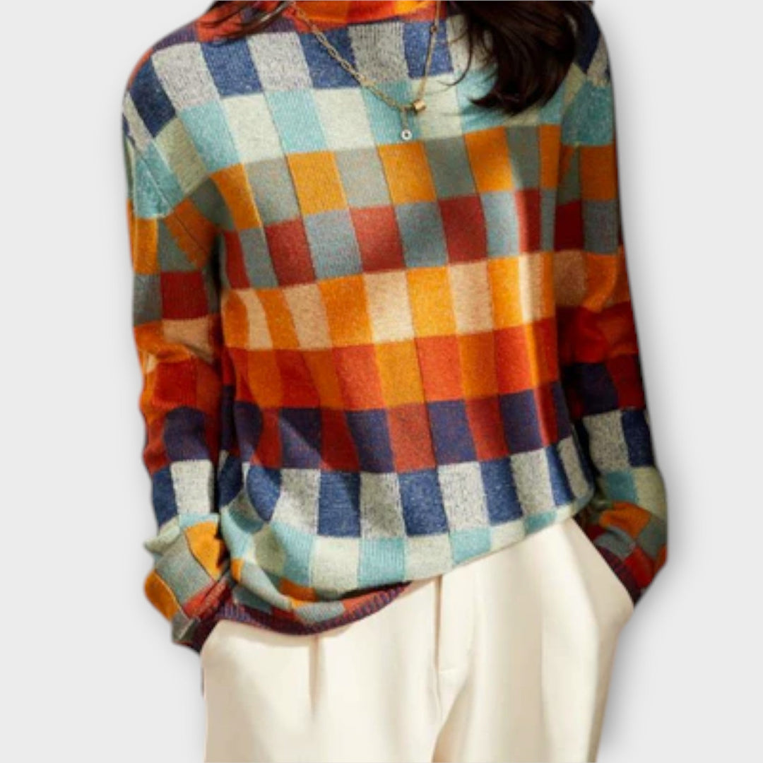 Erika - Bunter Patchwork-Rollkragenpullover mit Karomuster