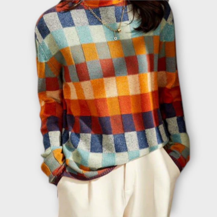 Erika - Bunter Patchwork-Rollkragenpullover mit Karomuster