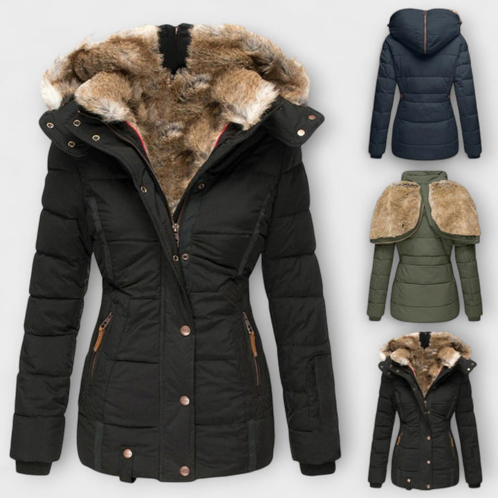 Tiana - Schwarze elegante Damenjacke mit Fellkapuze