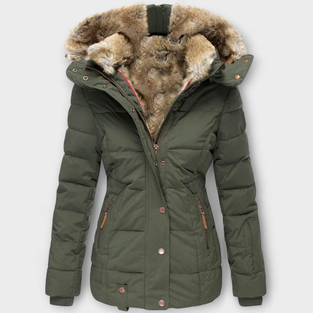 Tiana - Schwarze elegante Damenjacke mit Fellkapuze