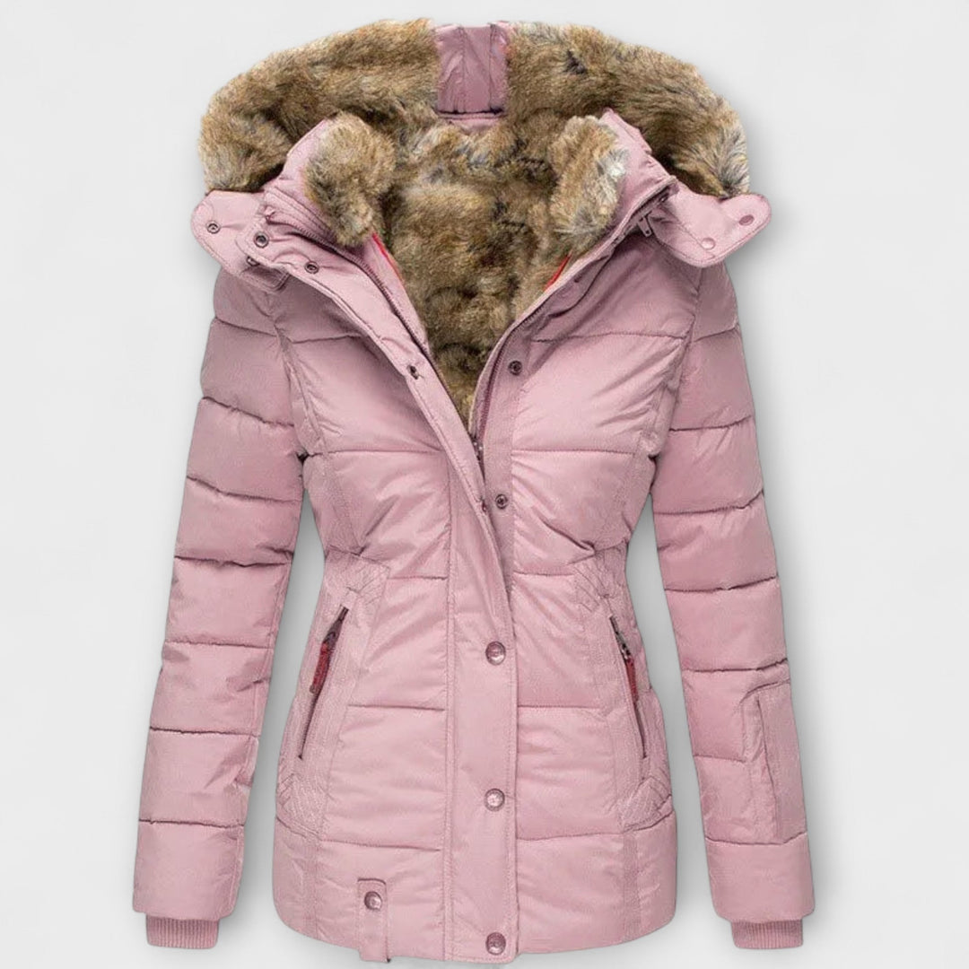 Tiana - Schwarze elegante Damenjacke mit Fellkapuze