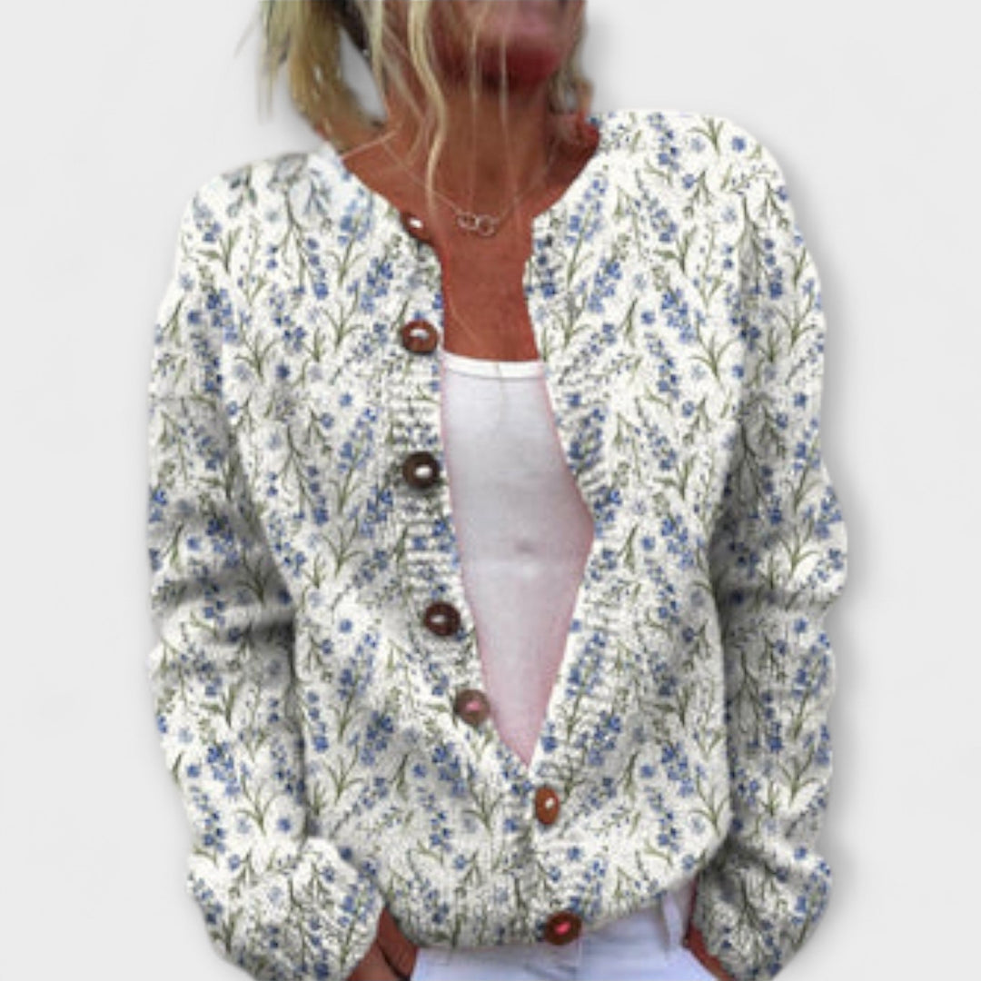 Mira - Weisser Blumen-Cardigan aus Wollmischung