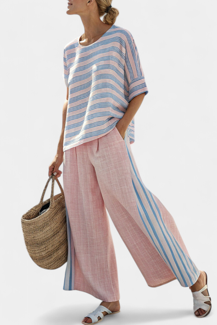 Virella | Eleganti pink-blaui Leinebluse & weichi Hose