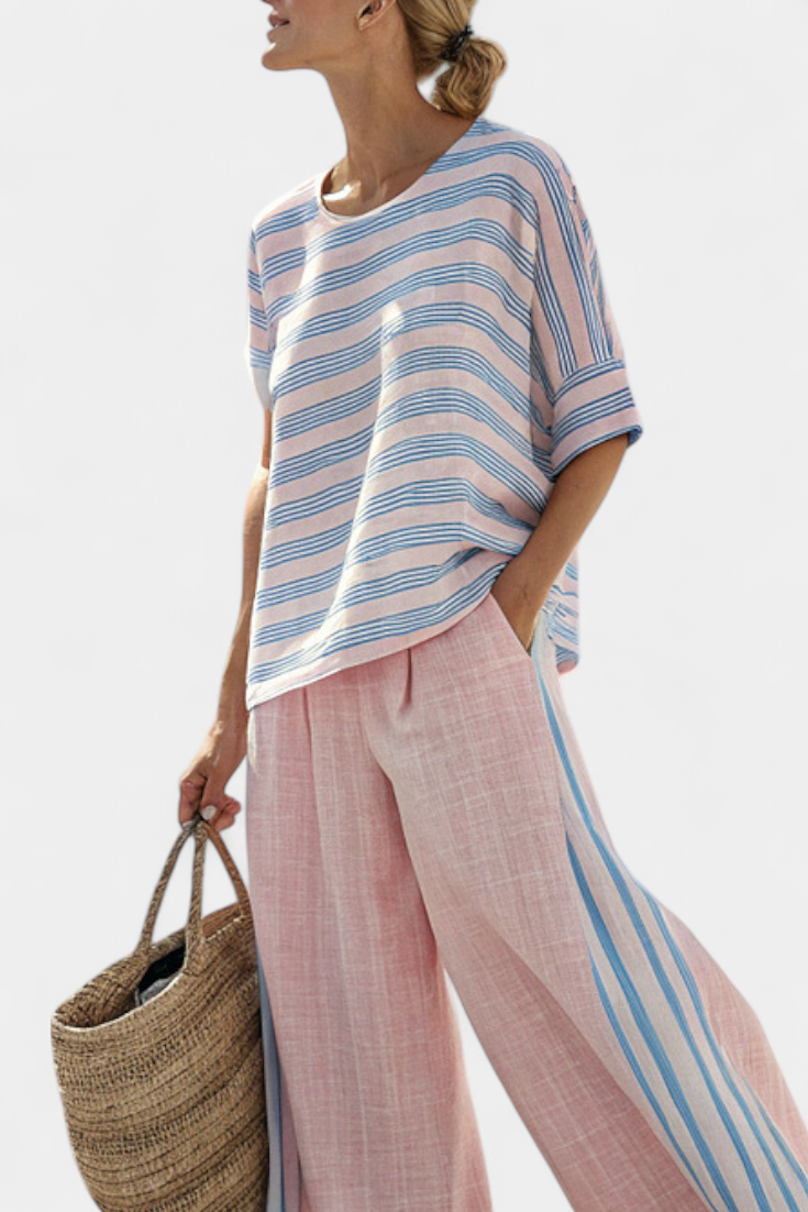 Virella | Eleganti pink-blaui Leinebluse & weichi Hose