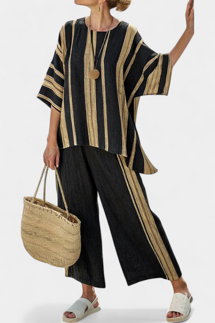 Calden | Bequems Oversize-Streifenshirt & Lockeri Leinehose