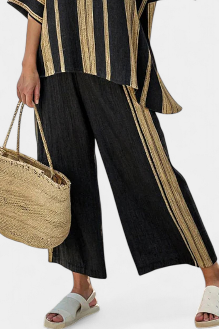 Calden | Bequems Oversize-Streifenshirt & Lockeri Leinehose