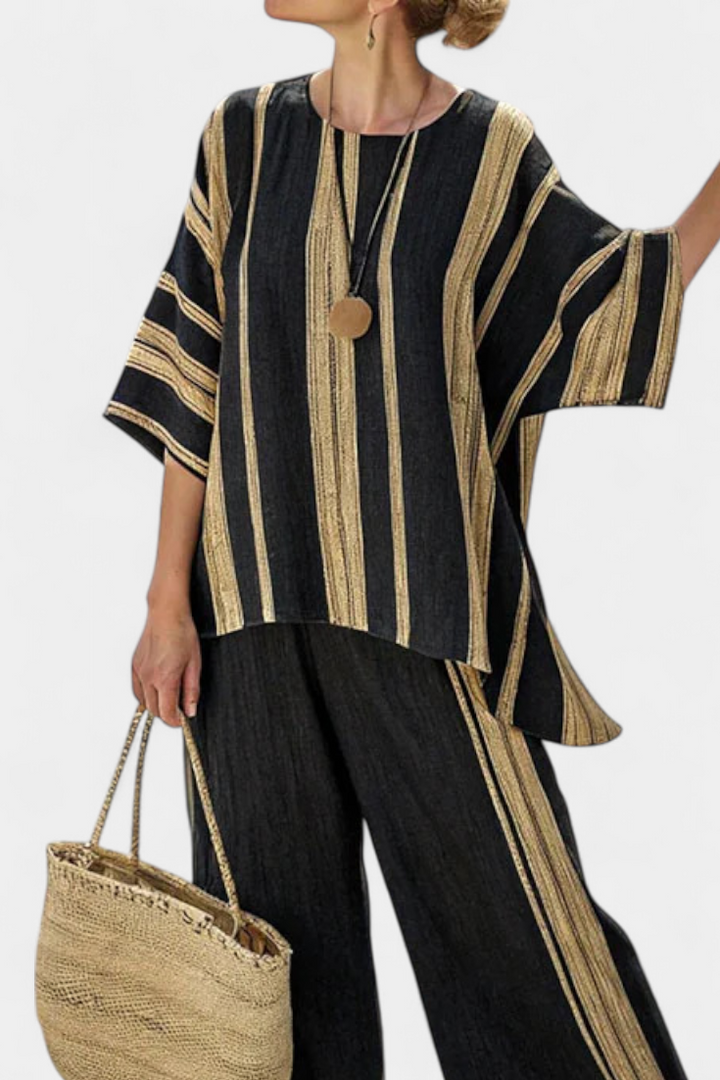 Calden | Bequems Oversize-Streifenshirt & Lockeri Leinehose