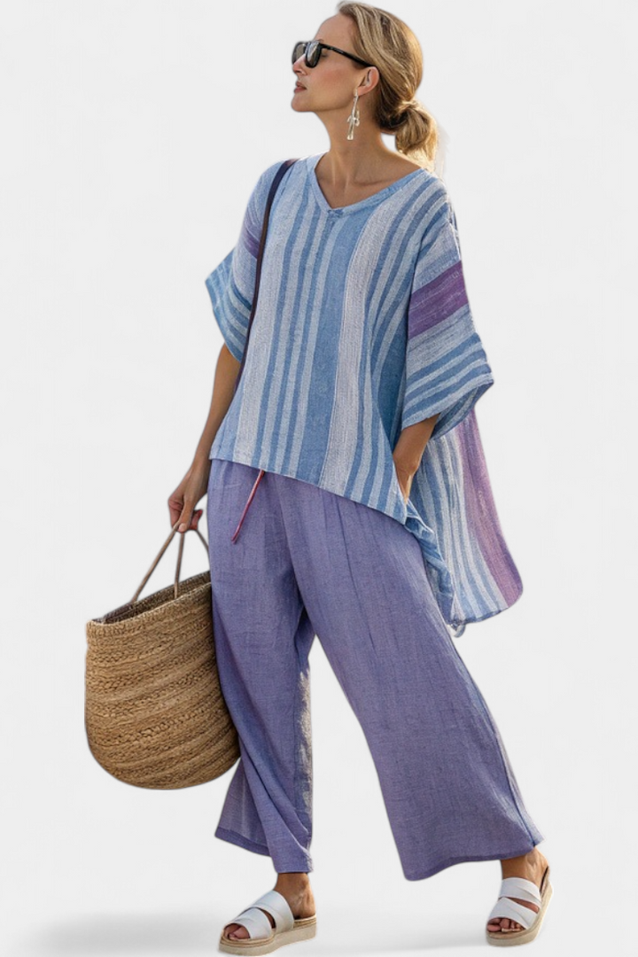 Zellora | Elegants lavendel- und himmelblaues Top & Leinenhose