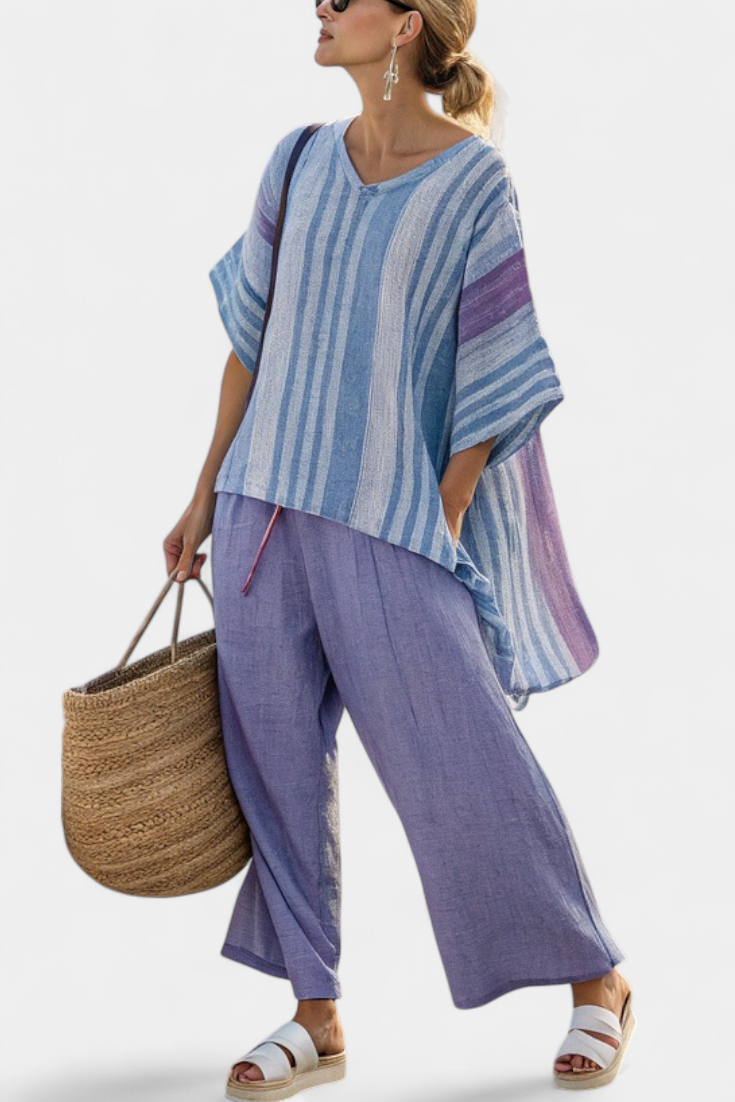 Zellora | Elegants lavendel- und himmelblaues Top & Leinenhose