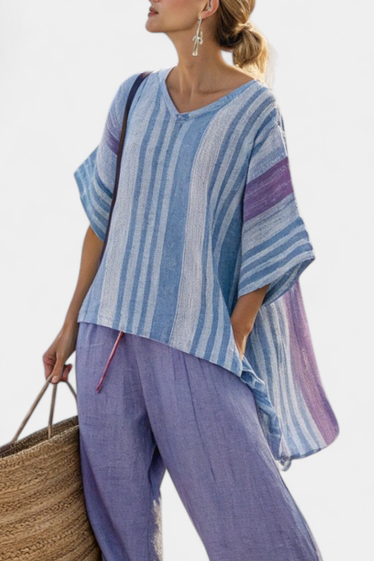 Zellora | Elegants lavendel- und himmelblaues Top & Leinenhose