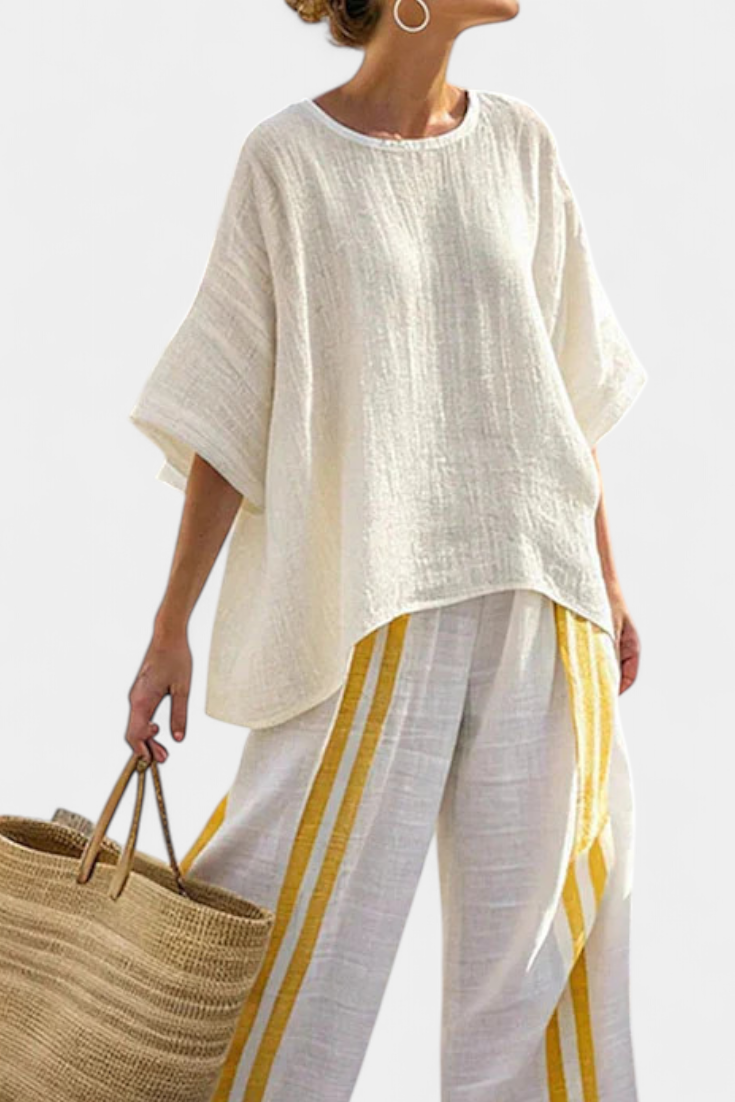 Anselor | Elegants gelb gstreifts Leine-Top & Hose mit wiitem Bei