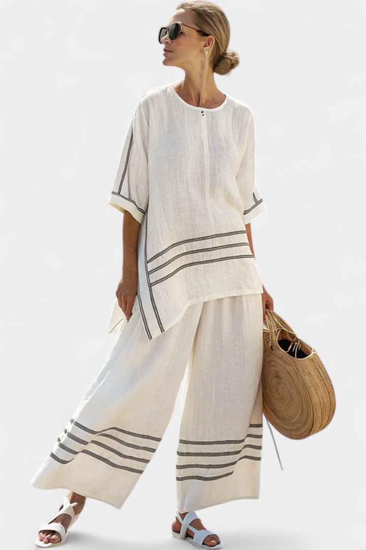 Wynric | Elegants gstreifts, asymmetrischs Top & markanti Hose