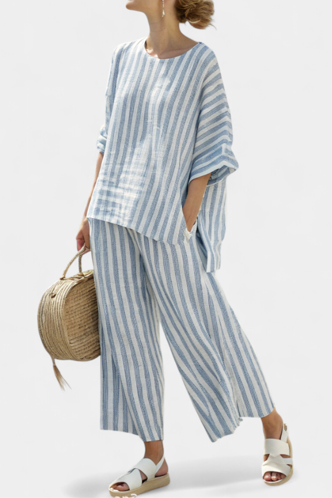 Elegants blau gstreifts Leinen-Top & lässigi Hose