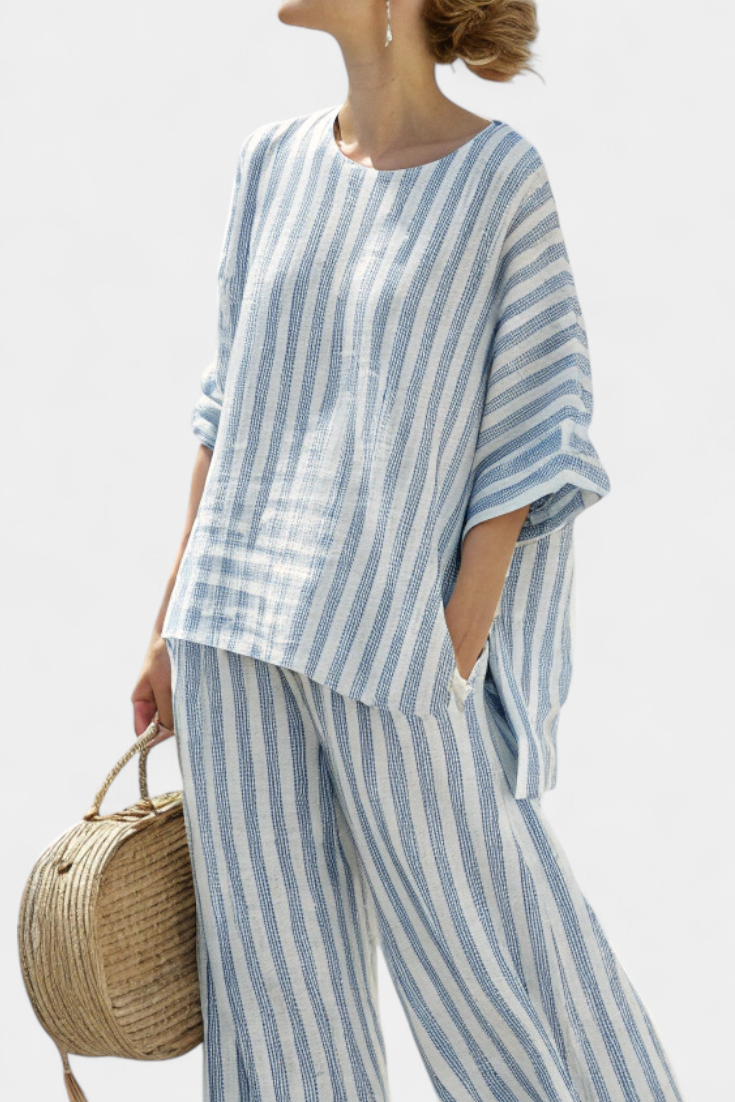 Elegants blau gstreifts Leinen-Top & lässigi Hose