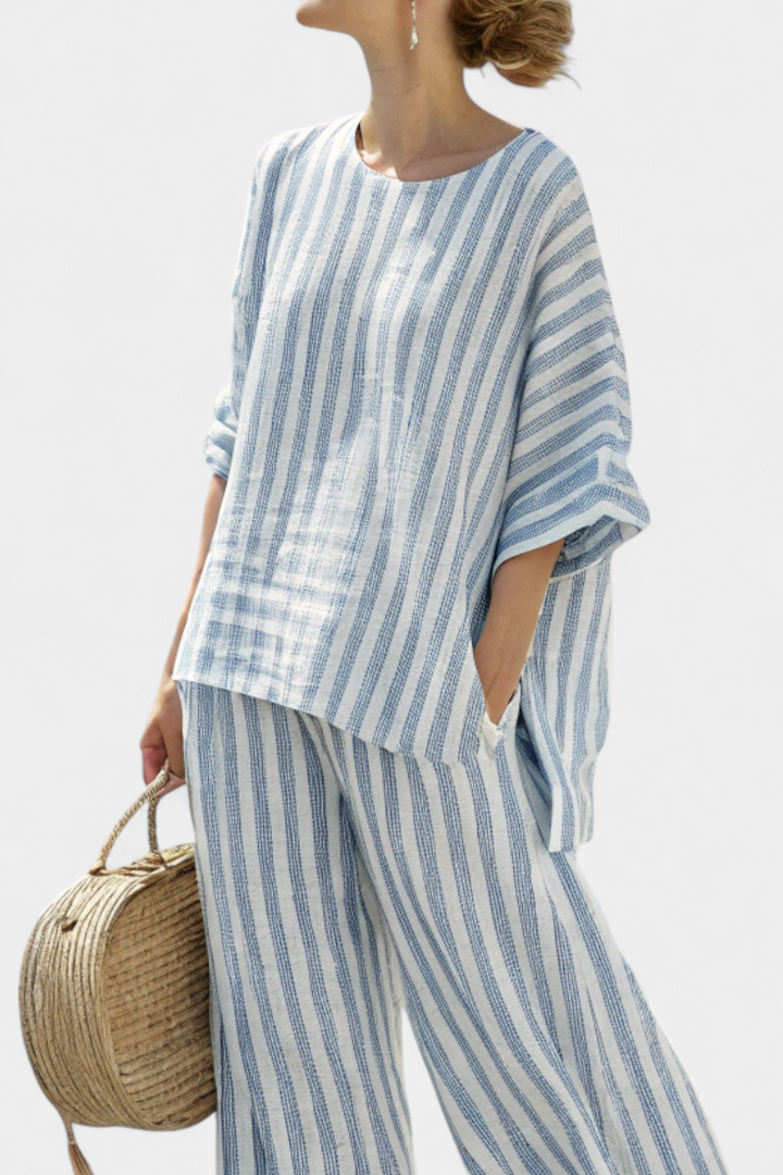 Elegants blau gstreifts Leinen-Top & lässigi Hose
