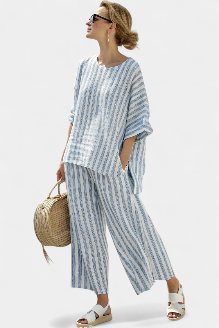 Elegants blau gstreifts Leinen-Top & lässigi Hose