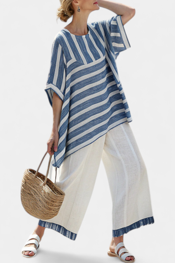 Corvielle | Stilvolles blau gstreifts Top & Hose mit Saumdetail