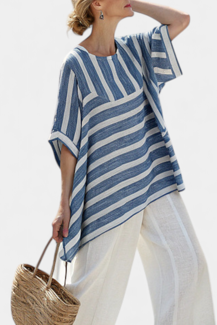 Corvielle | Stilvolles blau gstreifts Top & Hose mit Saumdetail