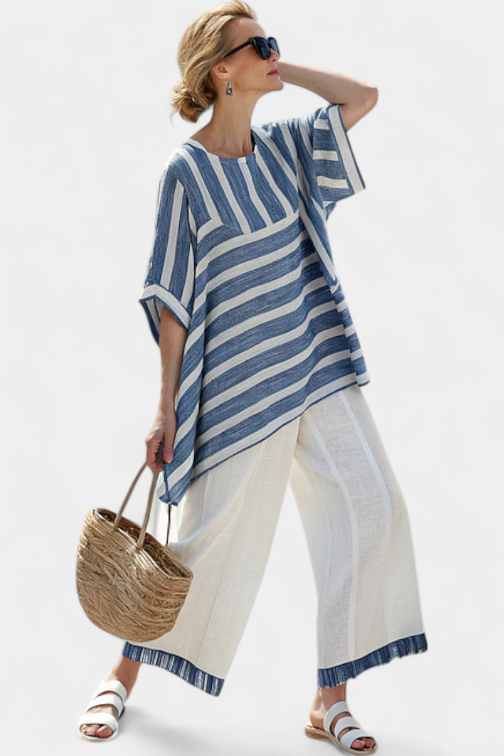Corvielle | Stilvolles blau gstreifts Top & Hose mit Saumdetail