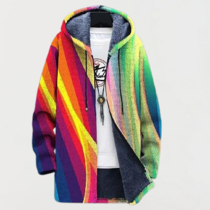 Vera | Damenmantel mit Kapuze und Regenbogenstreifen
