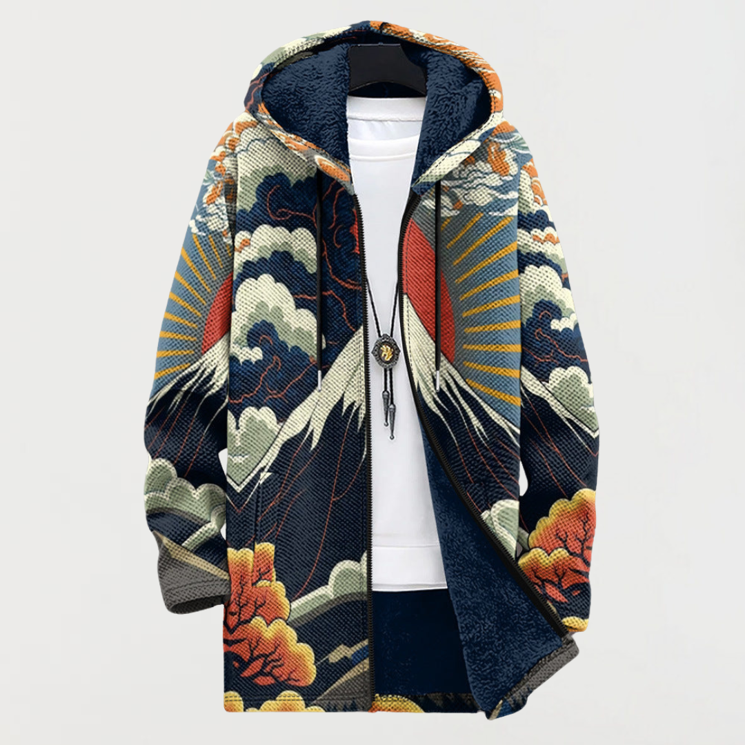 Hazel | Damenmantel mit Kapuze, Berg- & Sonnenprint