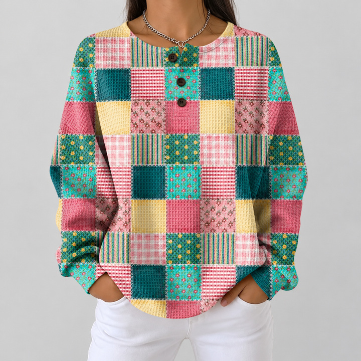 Agnès – Patchwork-Pullover in Rosé und Türkis