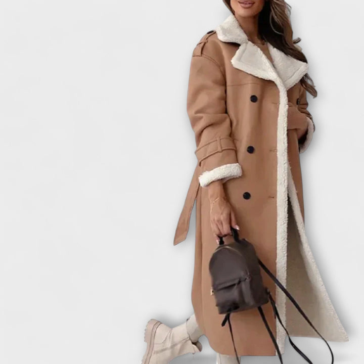 Maria - Schwarze lange klassische Jacke mit Fellfutter