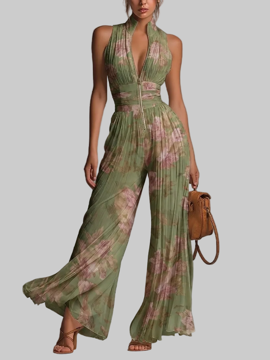 Amelia – grüene, plissierte Jumpsuit mit Bluememuster