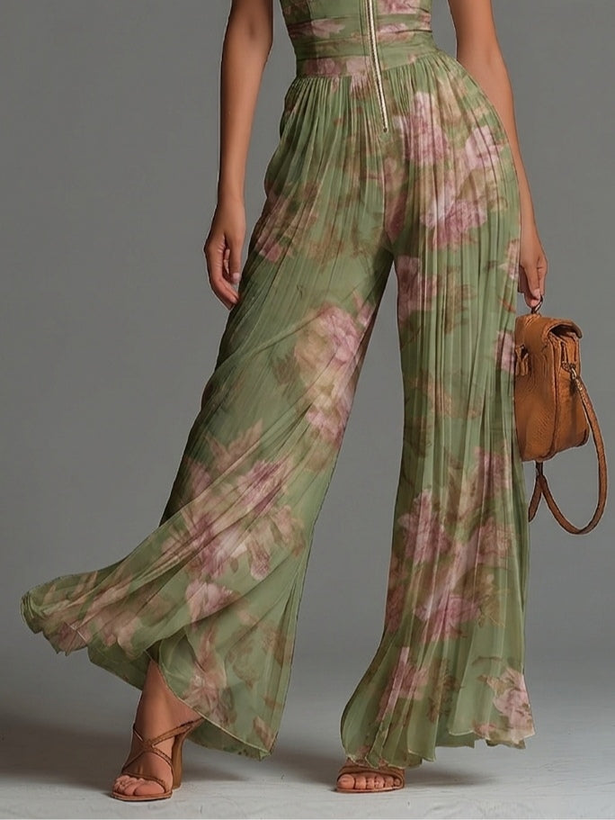 Amelia – grüene, plissierte Jumpsuit mit Bluememuster