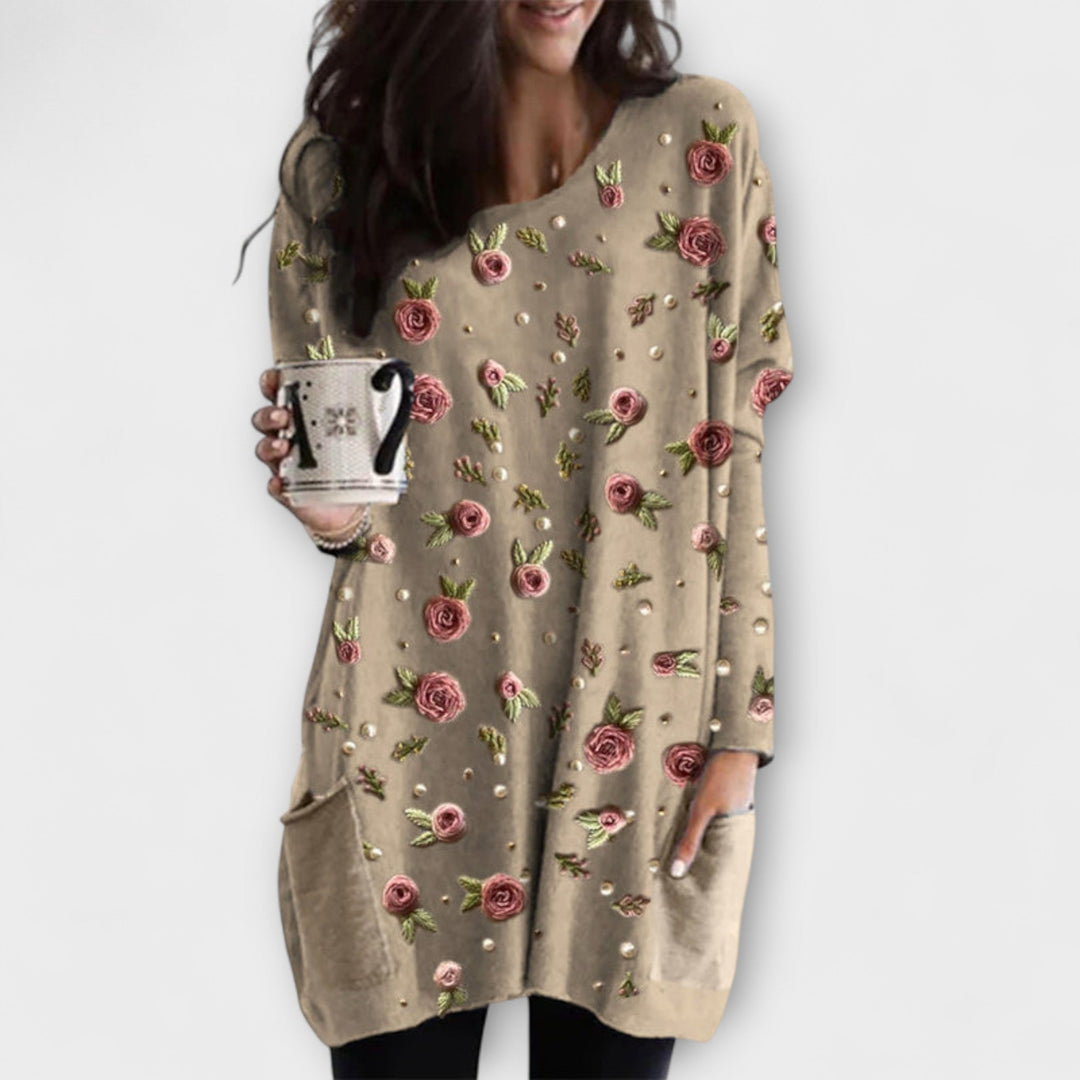 Layla - Beige Tunika mit Rosenmuster