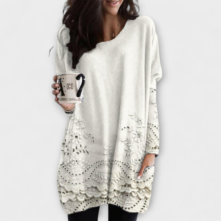 Riley - Weisser bedruckter Pullover mit Stickerei