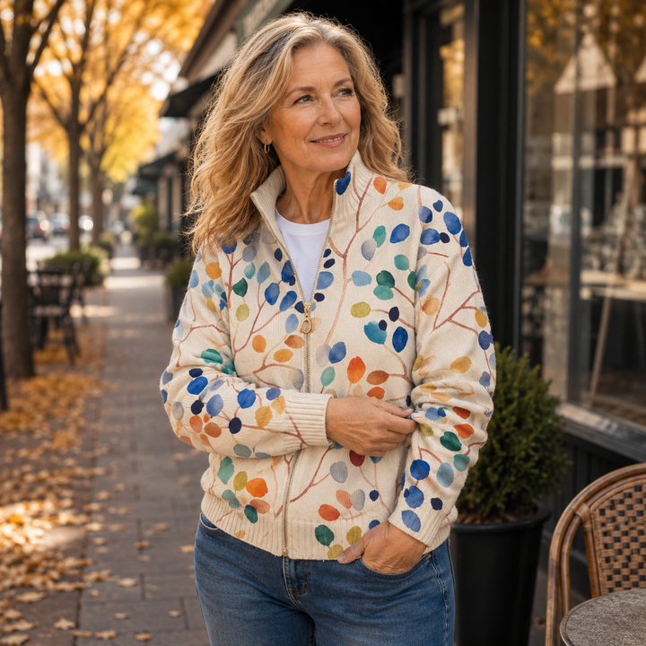 Imogene – Strickjacke mit botanischem Blätterprint