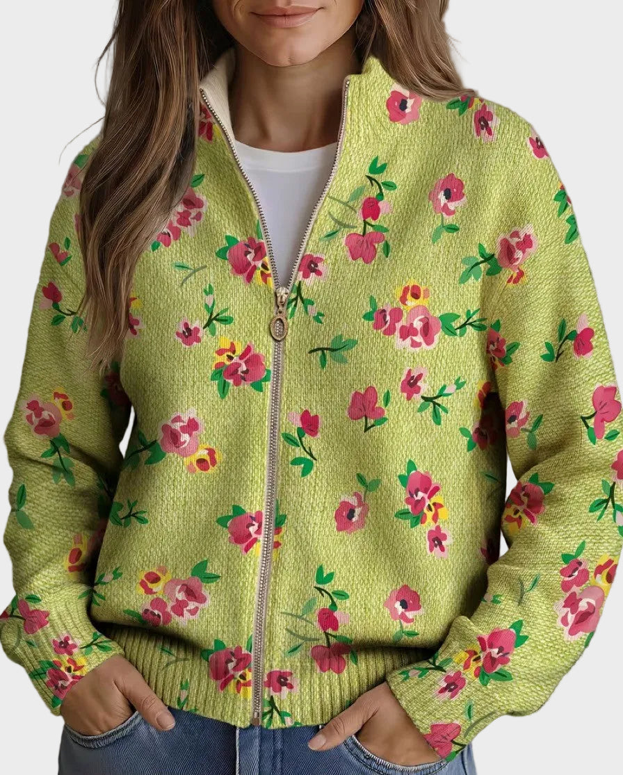 Constance – Rosafarbigi florali Strickjacke mit Reissverschluss