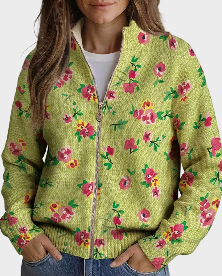 Constance – Rosafarbigi florali Strickjacke mit Reissverschluss