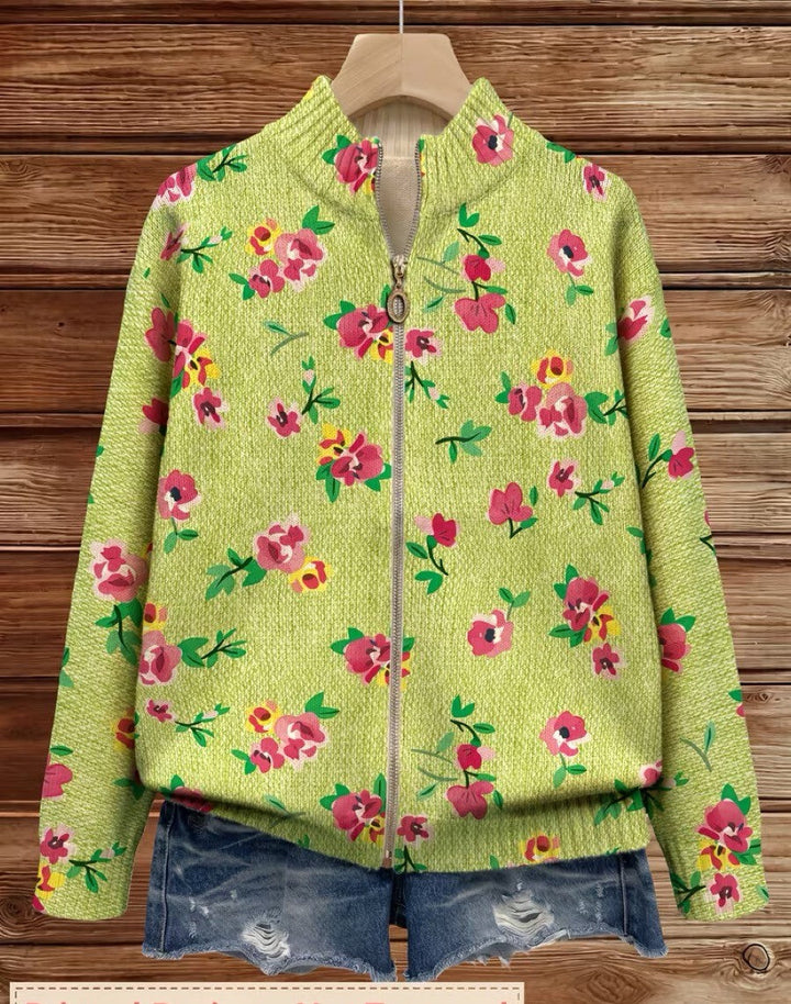 Constance – Rosafarbigi florali Strickjacke mit Reissverschluss