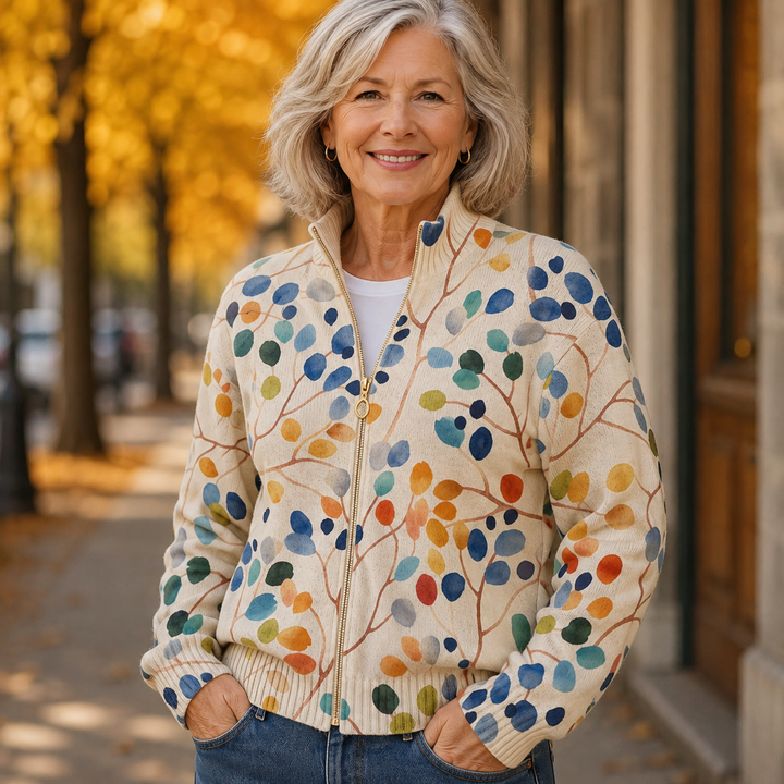 Imogene – Strickjacke mit botanischem Blätterprint