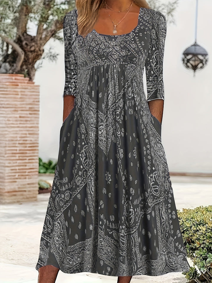ELOWEN | MIDI-KLEID MIT LANGEN ÄRMELN LÄSSIG