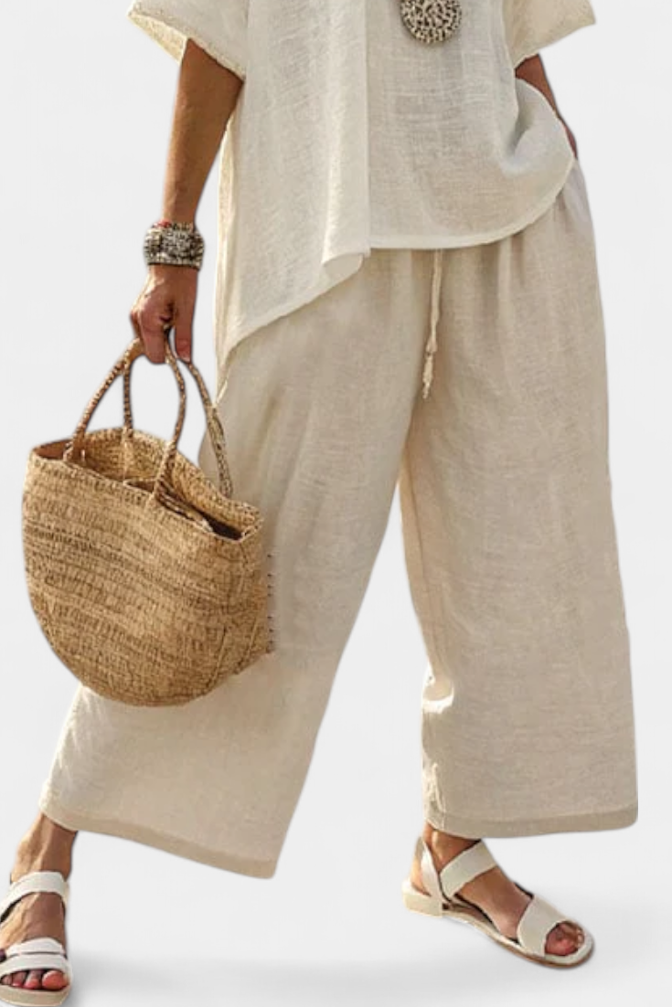 Drevon | Bequemi minimalistíschi Raw-Bluse & Hose mit wiitem Bei