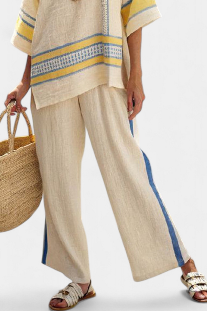 Jaxmere | Bequems blau-gelbs mediterrans Oberteil & Leinehose