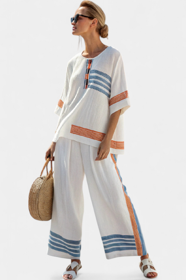 Marcellin | Stilvolls blau-orange gstreifts Top & Hose