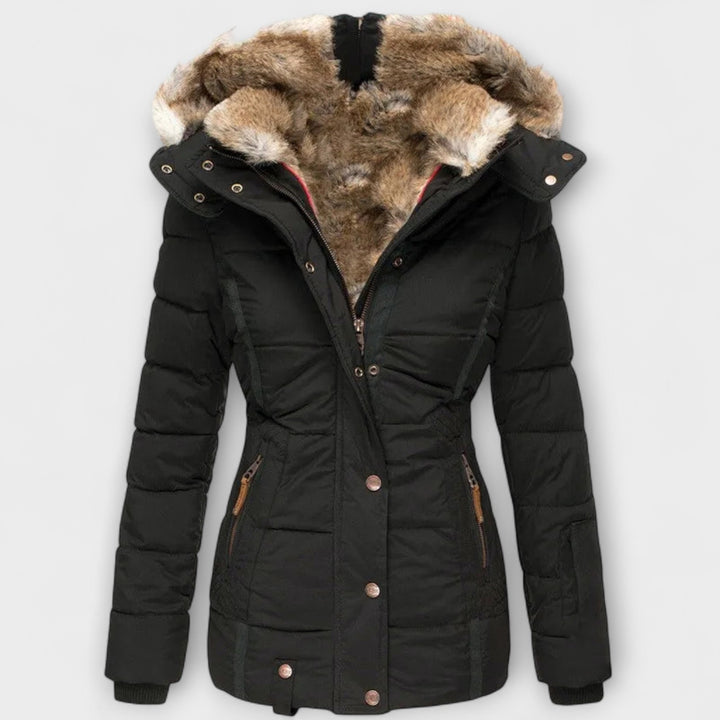 Tiana - Schwarze elegante Damenjacke mit Fellkapuze