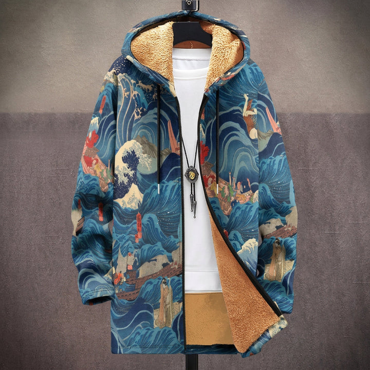 Victorine – Kapuzenmantel mit japanischen Wellen in Blau und Orange