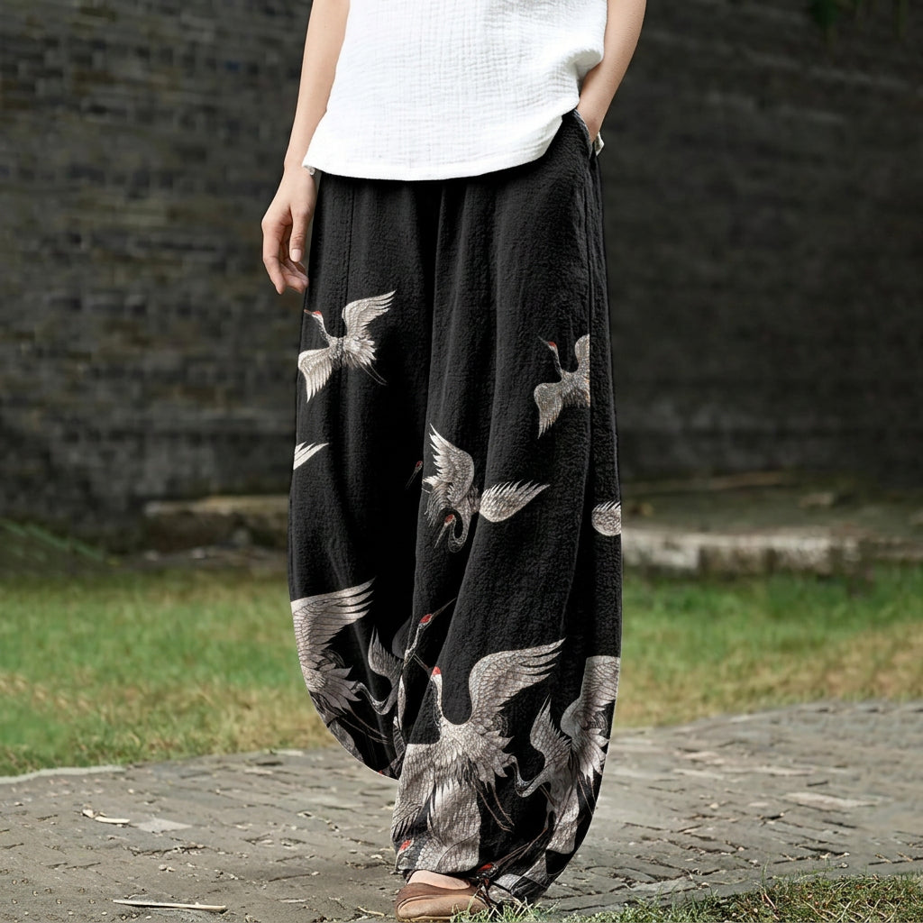 Françoise – Schwarzi wiiti Hose mit Kranichmuster