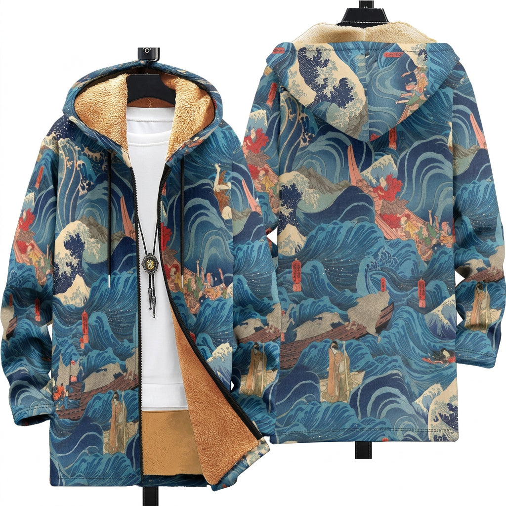 Victorine – Kapuzenmantel mit japanischen Wellen in Blau und Orange