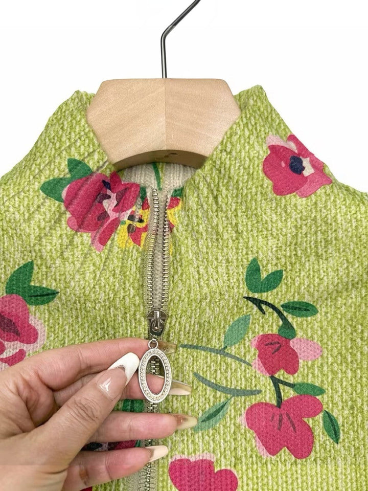 Mercedes | Grüene Strick-Cardigan mit Bluememuster