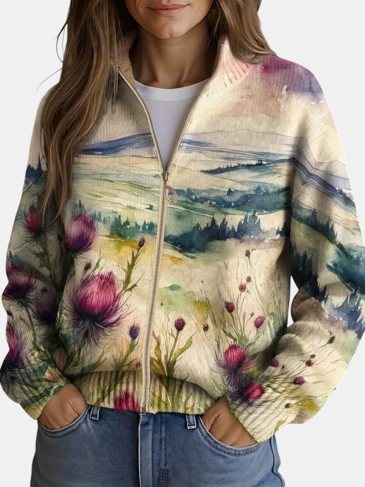 Montserrat | Strickjacke mit Distel- und Landschaftsmuster