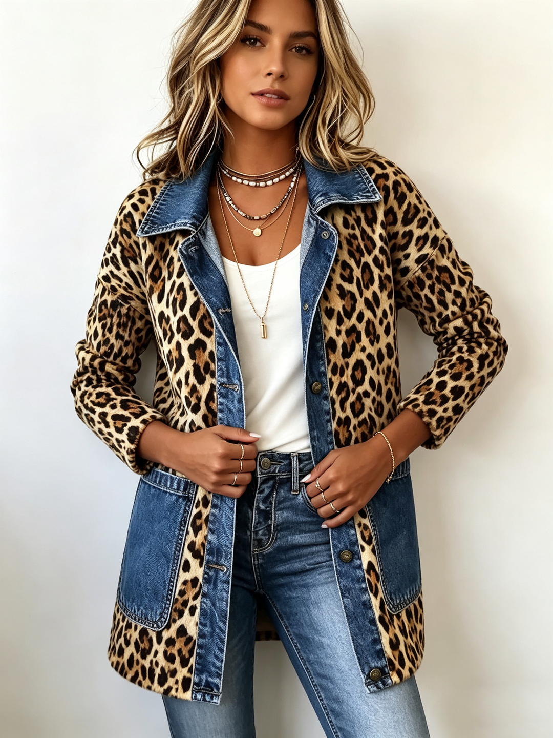 Nora – Jeansjacke mit kontrastierendem Leoparde-Muster